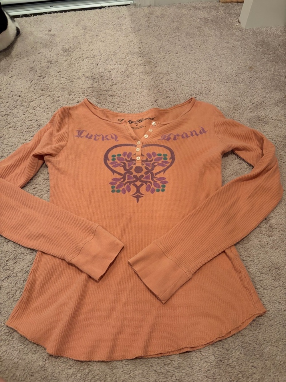Lucky Brand Peach Long-Sleeve Henley with Floral Print